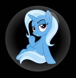 Size: 684x698 | Tagged: safe, artist:carlosuriel13, trixie, pony, unicorn, g4, black background, bubble, female, grin, hooves, horn, in bubble, lidded eyes, mare, purple eyes, raised eyebrow, simple background, sitting, smiling, solo, tail, two toned mane, two toned tail