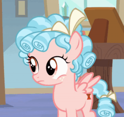 Size: 800x759 | Tagged: safe, screencap, cozy glow, pegasus, pony, g4, marks for effort, season 8, animated, blanket, bow, covering, cozybetes, cropped, curly mane, cute, female, filly, foal, freckles, gif, not sure if want, pillow, ribbon, small wings, solo, surprised, two toned mane, wings