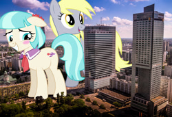 Size: 2405x1642 | Tagged: safe, artist:dashiesparkle, artist:theotterpony, coco pommel, derpy hooves, earth pony, pegasus, pony, g4, building, duo, female, giant pony, giantess, highrise ponies, irl, macro, mare, photo, poland, ponies in real life, story included, warsaw