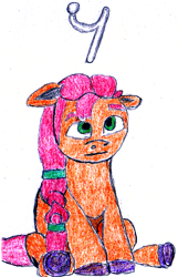 Size: 321x500 | Tagged: safe, artist:ewxep, sunny starscout, earth pony, pony, g5, my little pony: a new generation, colored pencil drawing, floppy ears, missing accessory, pun, rest, simple background, sitting, solo, symbol, traditional art, visual pun, white background