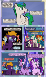 Size: 1920x3169 | Tagged: safe, artist:alexdti, moondancer, starlight glimmer, sunburst, twilight sparkle, oc, oc:aqua lux, oc:purple creativity, oc:star logic, oc:warm focus, alicorn, pegasus, pony, unicorn, comic:quest for friendship, g4, :p, blaze (coat marking), blue eyes, cloak, clothes, coat markings, comic, crossed hooves, dialogue, ears back, eye contact, eyes closed, facial markings, female, folded wings, frown, glasses, green eyes, gritted teeth, halo, high res, hoof on chest, hoof over mouth, hooves, hooves behind head, horn, looking at each other, looking at someone, looking back, male, mare, multicolored mane, multicolored tail, open mouth, open smile, pegasus oc, purple eyes, raised hoof, shoulder angel, shoulder devil, smiling, socks (coat markings), speech bubble, spread wings, stallion, standing, starry eyes, sunburst's cloak, tail, tongue out, twilight sparkle (alicorn), two toned mane, two toned tail, unicorn oc, wall of tags, wingding eyes, wings