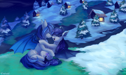 Size: 4500x2700 | Tagged: safe, artist:neonishe, oc, oc:midnight, oc:straylight, bat pony, pony, bat pony oc, bat wings, complex background, cuddling, cute, snow, wings, winter