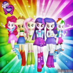 Size: 1024x1024 | Tagged: safe, artist:bahlinka, applejack, fluttershy, pinkie pie, rainbow dash, rarity, twilight sparkle, equestria girls, g4, my little pony equestria girls, 3d, clothes, equestria girls logo, female, humane five, humane six, looking at you, open mouth, open smile, rainbow background, smiling, smiling at you, source filmmaker, xnalara