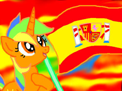 Size: 424x319 | Tagged: artist needed, safe, oc, oc only, pony, unicorn, 1000 hours in ms paint, female, flag, hoof on chest, horn, mare, multicolored mane, open mouth, open smile, orange eyes, smiling, solo, spain, unicorn oc