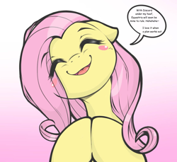 Size: 1118x1024 | Tagged: safe, artist:kurogewapony, edit, editor:adamleisemann, fluttershy, pegasus, pony, g4, blushing, cute, daaaaaaaaaaaw, evil, eye clipping through hair, eyebrows, eyebrows visible through hair, eyes closed, female, gradient background, hooves together, implied discord, implied manipulation, mare, open mouth, open smile, pure unfiltered evil, scheming, shyabetes, smiling, solo, speech bubble, text edit