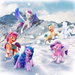 Size: 1080x1080 | Tagged: safe, argyle starshine, hitch trailblazer, izzy moonbow, pipp petals, sunny starscout, zipp storm, earth pony, pegasus, pony, unicorn, g5, my little pony: a new generation, official, 3d, facebook, female, male, mane five, mare, playing, snow, snowman, stallion