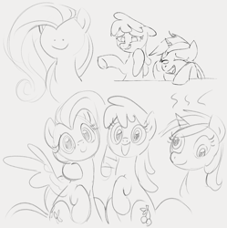 Size: 1151x1156 | Tagged: safe, artist:dotkwa, cherry berry, fluttershy, lyra heartstrings, earth pony, pegasus, pony, unicorn, g4, derp, female, grayscale, hoof around neck, looking at you, mare, monochrome, open mouth, open smile, sketch, smiling, smiling at you, stink lines, trio