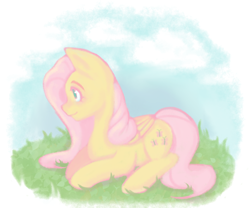 Size: 716x595 | Tagged: safe, artist:cupple, fluttershy, pegasus, pony, g4, female, folded wings, grass, looking away, lying down, mare, outdoors, profile, prone, solo, wings