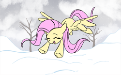Size: 1181x734 | Tagged: safe, artist:dotkwa, fluttershy, pegasus, pony, g4, cute, eyes closed, female, mare, shyabetes, snow, snowfall, solo, spread wings, wings, winter