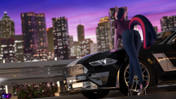 Size: 3840x2160 | Tagged: safe, artist:shadowboltsfm, twilight sparkle, anthro, plantigrade anthro, g4, 3d, 4k, ass, blender, boots, breasts, busty twilight sparkle, butt, car, city, clothes, feet, female, ford mustang, high heel boots, high heels, high res, jeans, nail polish, night, not sfm, pants, rear view, sexy, shoes, solo, twibutt