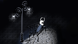 Size: 4000x2250 | Tagged: safe, artist:enteryourponyname, pony, bench, black background, cloak, clothes, cobblestone street, hollow knight, lamppost, night, ponified, simple background, solo
