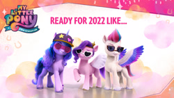 Size: 1920x1080 | Tagged: safe, izzy moonbow, pipp petals, zipp storm, pegasus, pony, unicorn, g5, my little pony: a new generation, official, 2022, 3d, baseball cap, cap, confident, cool, facebook, female, glasses, grin, hat, mare, markings, promotional art, raised hoof, siblings, sisters, smiling, spread wings, sunglasses, trio, trio female, unshorn fetlocks, wings