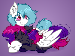 Size: 4000x3000 | Tagged: safe, artist:witchtaunter, oc, oc only, oc:nimbus cloudington, oc:slipspace perigee, pegasus, pony, commission, couple, cuddling, duo, ear fluff, gradient background, sleeping, smiling, unshorn fetlocks