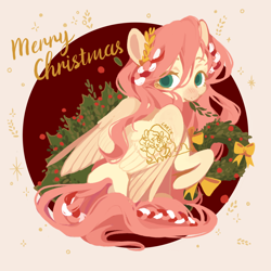 Size: 2500x2500 | Tagged: safe, artist:larix-u, part of a set, fluttershy, pegasus, pony, g4, braid, christmas, christmas wreath, cute, daaaaaaaaaaaw, female, high res, holiday, holly, laurel wreath, looking at you, looking back, mare, merry christmas, obtrusive watermark, partially open wings, raised hoof, shyabetes, sitting, solo, turned head, watermark, wings, wreath