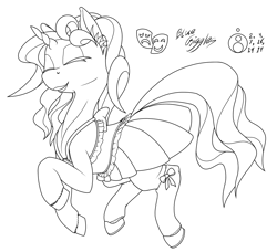 Size: 1200x1092 | Tagged: safe, artist:sepiakeys, oc, oc only, oc:blue giggles, pony, unicorn, black and white, clothes, crossdressing, dress, ear fluff, eyes closed, grayscale, lineart, male, monochrome, palindrome get, prance, solo, stallion, stockings, thigh highs, trap