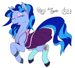 Size: 1200x1092 | Tagged: safe, artist:sepiakeys, oc, oc only, oc:blue giggles, pony, unicorn, clothes, crossdressing, dress, male, stallion, stockings, thigh highs, trap