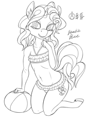 Size: 1024x1427 | Tagged: safe, artist:sepiakeys, oc, oc only, oc:blue giggles, unicorn, anthro, anthro oc, beach ball, bikini, clothes, crossdressing, femboy, lineart, male, skirted bikini, swimsuit, trap