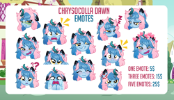 Size: 1200x690 | Tagged: safe, artist:jennieoo, oc, oc:chrysocolla dawn, kirin, ahegao, angry, confused, crying, disgusted, emote, emotes, happy, in love, open mouth, peeping, scared, shocked, show accurate, simple background, sleepy, smiling, smug, solo, telegram sticker, tongue out, vector