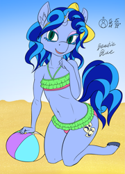 Size: 1077x1500 | Tagged: safe, artist:sepiakeys, oc, oc only, oc:blue giggles, unicorn, anthro, anthro oc, beach ball, bikini, clothes, crossdressing, femboy, male, skirted bikini, swimsuit, trap