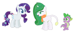 Size: 1152x468 | Tagged: safe, artist:macattackforever, rarity, spike, oc, oc:radiant gem, dracony, dragon, hybrid, pony, unicorn, g4, family, female, flower, flower in tail, interspecies offspring, male, offspring, parent:rarity, parent:spike, parents:sparity, ship:sparity, shipping, simple background, straight, tail, transparent background