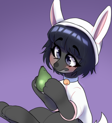 Size: 2000x2200 | Tagged: safe, artist:osukel, oc, oc:mi, hybrid, original species, animal costume, avocado, blushing, bunny costume, bunny ears, clothes, costume, excited, excitement, food, high res, not a pony, purple background, simple background, sitting, solo