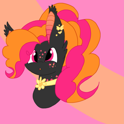 Size: 2067x2067 | Tagged: safe, artist:circuspaparazzi5678, artist:grell-breanna5678, artist:senpai-breanna5678, oc, oc:party palooza, changeling, changepony, earth pony, hybrid, pony, accessory, bow, bust, ear piercing, earring, flower, heart, high res, interspecies offspring, jewelry, magical lesbian spawn, offspring, parent:pinkie pie, parent:queen chrysalis, parents:chryssie pie, piercing, polka dots, poofy mane, portrait