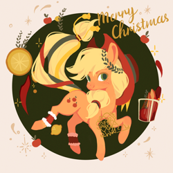 Size: 2500x2500 | Tagged: safe, artist:larix-u, part of a set, applejack, earth pony, pony, g4, apple, bells, christmas, clothes, cowboy hat, drink, female, food, hat, high res, holiday, laurel wreath, leg warmers, lemon, mare, obtrusive watermark, ribbon, solo, watermark