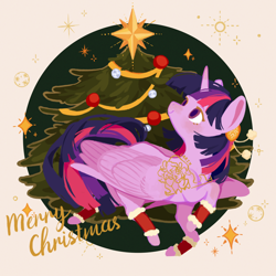 Size: 2500x2500 | Tagged: safe, artist:larix-u, part of a set, twilight sparkle, alicorn, pony, g4, christmas, christmas tree, clothes, colored pupils, female, hair accessory, high res, holiday, leg warmers, lying down, mare, obtrusive watermark, prone, solo, tree, twilight sparkle (alicorn), watermark