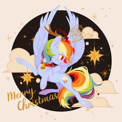 Size: 2500x2500 | Tagged: safe, artist:larix-u, part of a set, rainbow dash, pegasus, pony, g4, antlers, bell, bell collar, christmas, cloud, collar, colored pupils, female, high res, holiday, mare, obtrusive watermark, open mouth, profile, reindeer antlers, reindeer dash, solo, spread wings, stars, watermark, wings