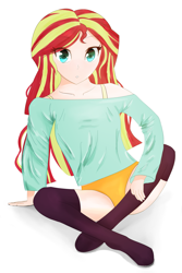 Size: 2385x3570 | Tagged: safe, artist:toffrox, sunset shimmer, equestria girls, g4, bra, bra strap, clothes, female, high res, looking at you, loose fitting clothes, panties, simple background, sitting, socks, solo, stocking feet, stockings, thigh highs, underwear, white background