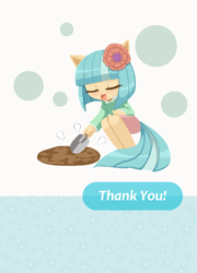 Size: 1358x1890 | Tagged: safe, artist:howxu, coco pommel, earth pony, anthro, g4, clothes, cocobetes, cute, dirt, eyes closed, flower, flower in hair, open mouth, skirt, solo, trowel