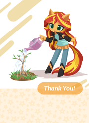 Size: 1358x1890 | Tagged: safe, artist:howxu, sunset shimmer, anthro, unguligrade anthro, equestria girls, g4, open mouth, plant, solo, tree, water, watering can
