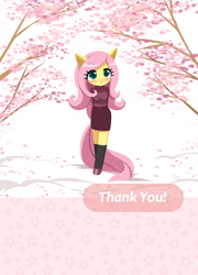 Size: 1358x1890 | Tagged: safe, artist:howxu, fluttershy, anthro, unguligrade anthro, g4, arm behind back, blushing, cherry blossoms, clothes, cute, eyes closed, female, flower, flower blossom, shyabetes, skirt, solo, stockings, thigh highs, tree