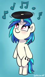 Size: 968x1652 | Tagged: safe, artist:heretichesh, dj pon-3, vinyl scratch, pony, unicorn, g4, balancing, bipedal, blushing, cute, female, filly, filly vinyl scratch, foal, gradient background, looking up, music notes, record, smiling, solo, vinylbetes, younger