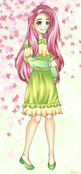 Size: 462x1000 | Tagged: safe, artist:akaruiyoso, fluttershy, human, g4, beautiful, clothes, colored pupils, dress, eyebrows, eyelashes, female, humanized, smiling, solo, standing