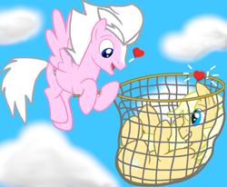 Size: 1188x977 | Tagged: safe, artist:aurorablue, derpibooru exclusive, oc, oc only, oc:love net, oc:sunny spirits, earth pony, pegasus, pony, catch, cloud, earth pony oc, flying, heart, holding a pony, looking at each other, male, net, pegasus oc, sky, smiling, smiling at each other, stallion