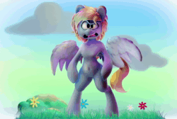 Size: 1606x1080 | Tagged: safe, artist:extradan, derpy hooves, oc, oc only, oc:jerky hooves, pegasus, semi-anthro, g4, 3d, angry eyes, animated, arm hooves, bipedal, cloud, creepy eyes, feathered wings, featureless crotch, female, flower, grass, grass field, mare, open mouth, rock, simple background, solo, spread wings, standing, webm, wings