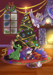 Size: 3000x4200 | Tagged: safe, artist:taytinabelle, derpy hooves, oc, oc:filly anon, oc:santa pone, earth pony, pegasus, pony, g4, animal costume, bauble, chest fluff, christmas, christmas lights, christmas ornament, christmas tree, collar, commission, costume, cute, decoration, ear fluff, fake antlers, female, filly, fire, fireplace, floppy disk, flying, foal, happy, hat, heart, holiday, hoof heart, how the grinch stole christmas, inside joke, jingle bells, mare, mouth hold, present, red nose, reindeer antlers, reindeer costume, santa hat, secret santa, smiling, spread wings, the grinch, tree, underhoof, unshorn fetlocks, window, wings, wreath