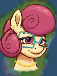 Size: 2048x2732 | Tagged: safe, artist:phutashi, posey shy, pegasus, pony, g4, bust, ear piercing, earring, female, glasses, high res, jewelry, looking at you, mare, necklace, piercing, portrait, smiling, solo, three quarter view