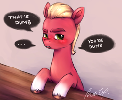 Size: 2383x1967 | Tagged: safe, artist:buttersprinkle, sprout cloverleaf, earth pony, pony, g5, my little pony: a new generation, ..., blushing, dialogue, looking at you, male, solo, speech bubble, stallion, talking to viewer, tsundere