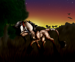 Size: 3392x2825 | Tagged: safe, artist:beamybutt, oc, oc only, pony, high res, horns, night, outdoors, solo, stars, tree