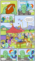 Size: 2000x3500 | Tagged: safe, artist:redruin01, color edit, derpibooru exclusive, edit, rainbow dash, twilight sparkle, oc, oc:anon, human, pegasus, pony, unicorn, g4, american football, colored, comic, female, high res, male, outdoors, speech bubble, sports, unicorn twilight