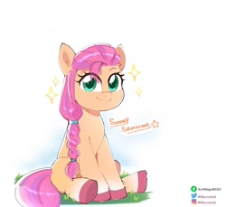 Size: 1725x1578 | Tagged: safe, artist:mar0x8, sunny starscout, earth pony, pony, g5, my little pony: a new generation, cute, female, looking at you, mare, simple background, sitting, smiling, smiling at you, solo, stars, sunnybetes, white background