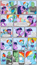 Size: 2000x3500 | Tagged: safe, artist:redruin01, color edit, derpibooru exclusive, edit, rainbow dash, twilight sparkle, oc, oc:anon, human, pegasus, pony, unicorn, g4, colored, comic, female, high res, male, outdoors, speech bubble, unicorn twilight