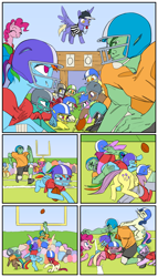 Size: 2000x3500 | Tagged: safe, artist:redruin01, color edit, derpibooru exclusive, edit, applejack, cherry berry, derpy hooves, lemon hearts, pinkie pie, rainbow dash, roseluck, oc, oc:anon, earth pony, human, pegasus, pony, g4, american football, blowing whistle, butt, clothes, coaching cap, colored, comic, female, football helmet, helmet, high res, male, mare, outdoors, plot, referee, shirt, shorts, sports, whistle