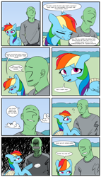 Size: 2000x3500 | Tagged: safe, artist:redruin01, color edit, derpibooru exclusive, edit, rainbow dash, oc, oc:anon, human, pegasus, pony, g4, bandage, clothes, colored, comic, dialogue, eyes closed, female, gritted teeth, high res, long sleeved shirt, male, mare, open mouth, outdoors, pain, sad, shirt, smiling, speech bubble