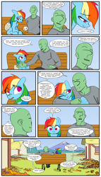 Size: 2000x3500 | Tagged: safe, artist:redruin01, color edit, derpibooru exclusive, edit, rainbow dash, oc, oc:anon, human, pegasus, pony, g4, arm around neck, bandage, bench, clothes, colored, comic, dialogue, female, high res, leaves, long sleeved shirt, male, mare, one eye closed, open mouth, outdoors, shirt, sitting, smiling, speech bubble, thousand yard stare, traumatized