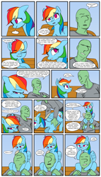 Size: 2000x3500 | Tagged: safe, artist:redruin01, color edit, derpibooru exclusive, edit, rainbow dash, oc, oc:anon, human, pegasus, pony, g4, bandage, bench, clothes, colored, comic, dialogue, eye clipping through hair, eye contact, female, high res, holding a pony, long sleeved shirt, looking at each other, looking at someone, looking down, looking up, male, mare, open mouth, outdoors, ponies riding humans, riding, sad, shirt, sitting, smiling, speech bubble