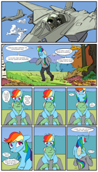Size: 2000x3500 | Tagged: safe, artist:redruin01, color edit, derpibooru exclusive, edit, rainbow dash, oc, oc:anon, human, pegasus, pony, g4, aw yiss, awkward smile, bandage, clothes, colored, comic, dialogue, eye contact, female, helmet, high res, jet, jet fighter, leaves, long sleeved shirt, looking at each other, looking at someone, looking down, looking up, male, mare, open mouth, outdoors, pretend, shirt, smiling, speech bubble, tail, tail wag, tree