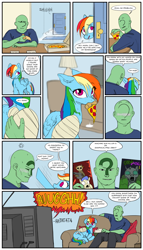 Size: 2000x3500 | Tagged: safe, artist:redruin01, color edit, derpibooru exclusive, edit, rainbow dash, oc, oc:anon, human, pegasus, pony, g4, bandage, blushing, bowl, clothes, colored, comic, couch, cute, dialogue, door, female, food, high res, indoors, lying down, male, mare, mouth hold, open mouth, pillow, pizza, popcorn, prone, raised eyebrow, shirt, sitting, speech bubble, steam, t-shirt, television, weapons-grade cute, wet, wet mane